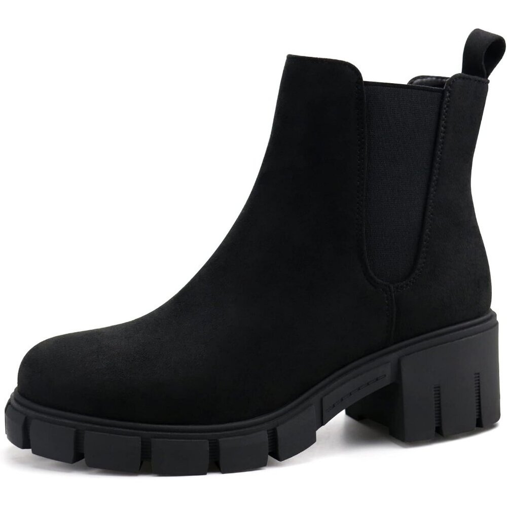 Women Black Suede Double Elastic Slip on Mid Heel Platform Chelsea Ankle Booties - Picture 1 of 6